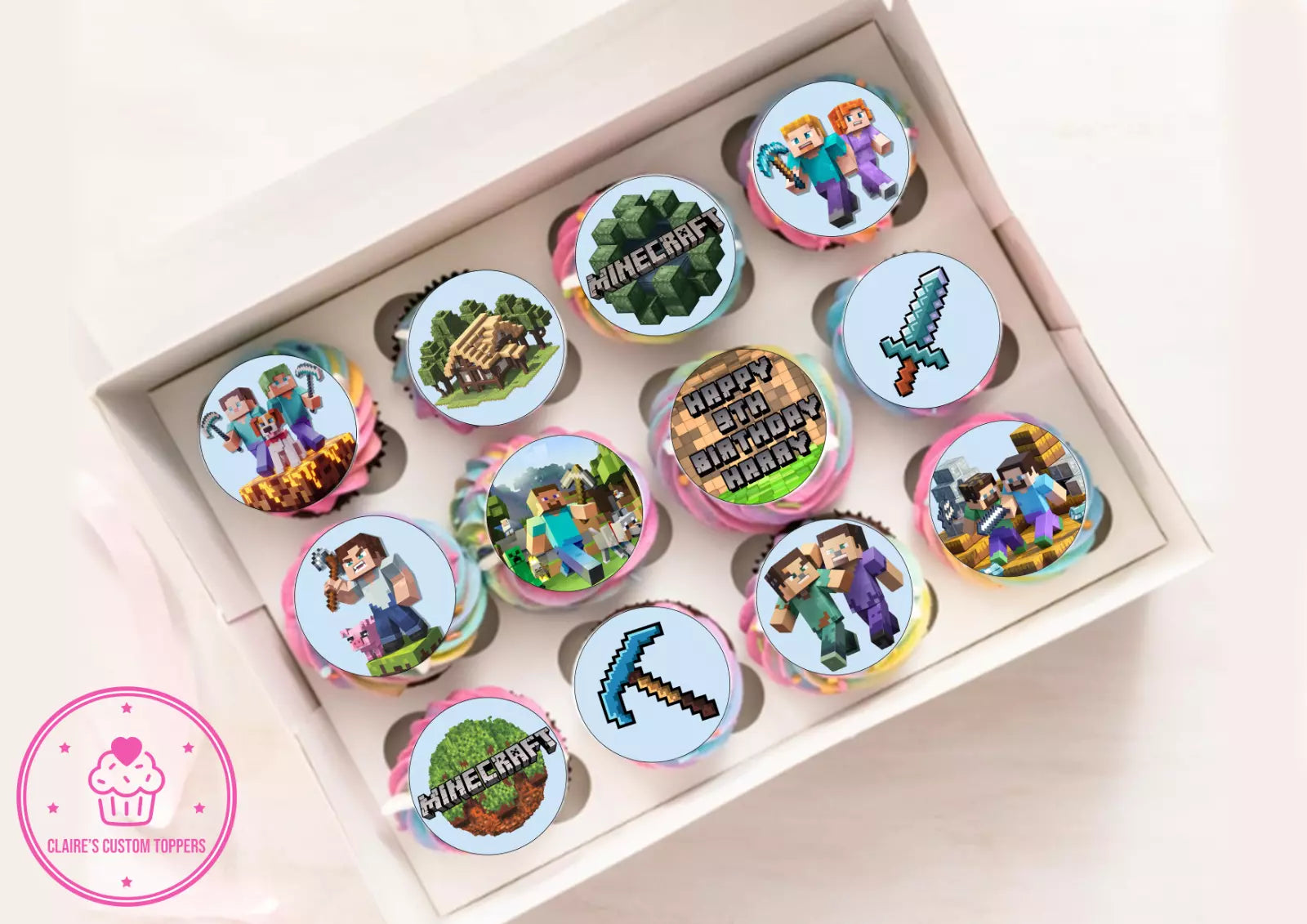 Personalised Minecraft Cupcake Edible Icing/Wafer Cake Toppers