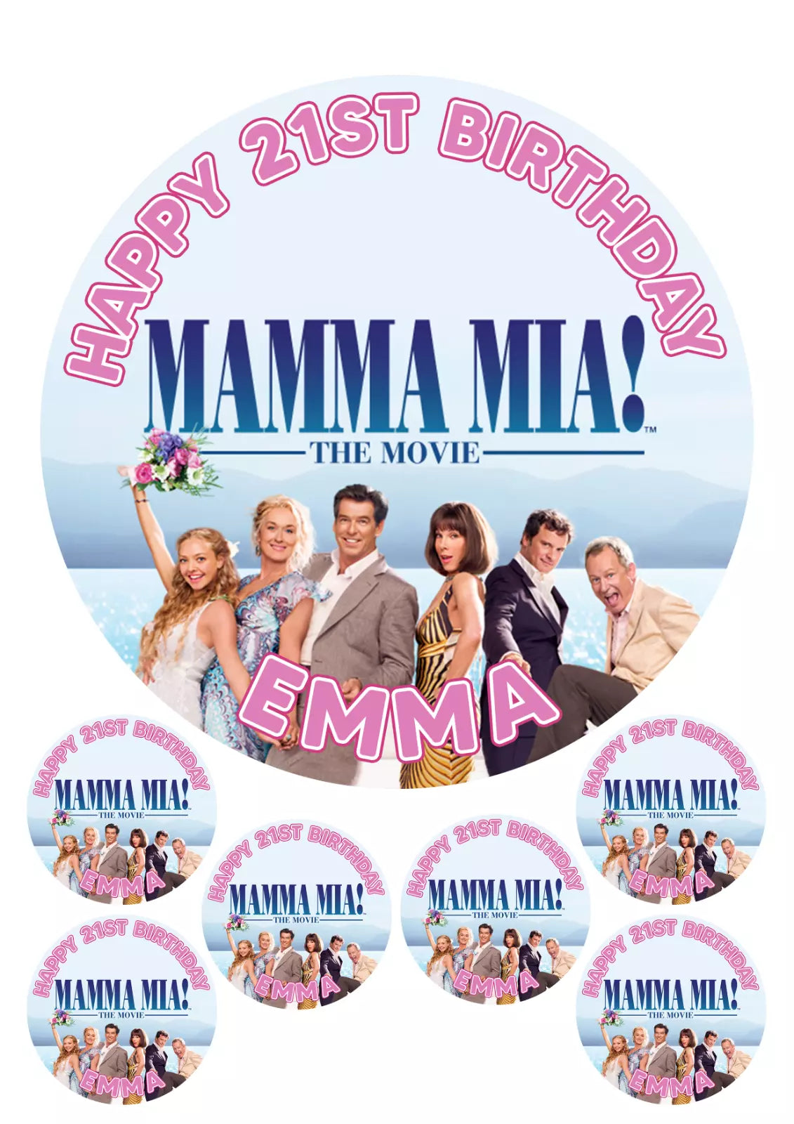 Personalised Mamma Mia Edible Icing/Wafer Cake and Cupcake Toppers