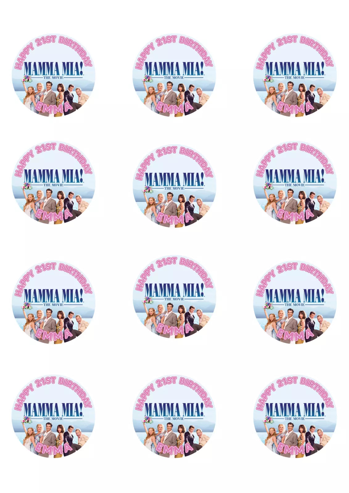 Personalised Mamma Mia Edible Icing/Wafer Cake and Cupcake Toppers