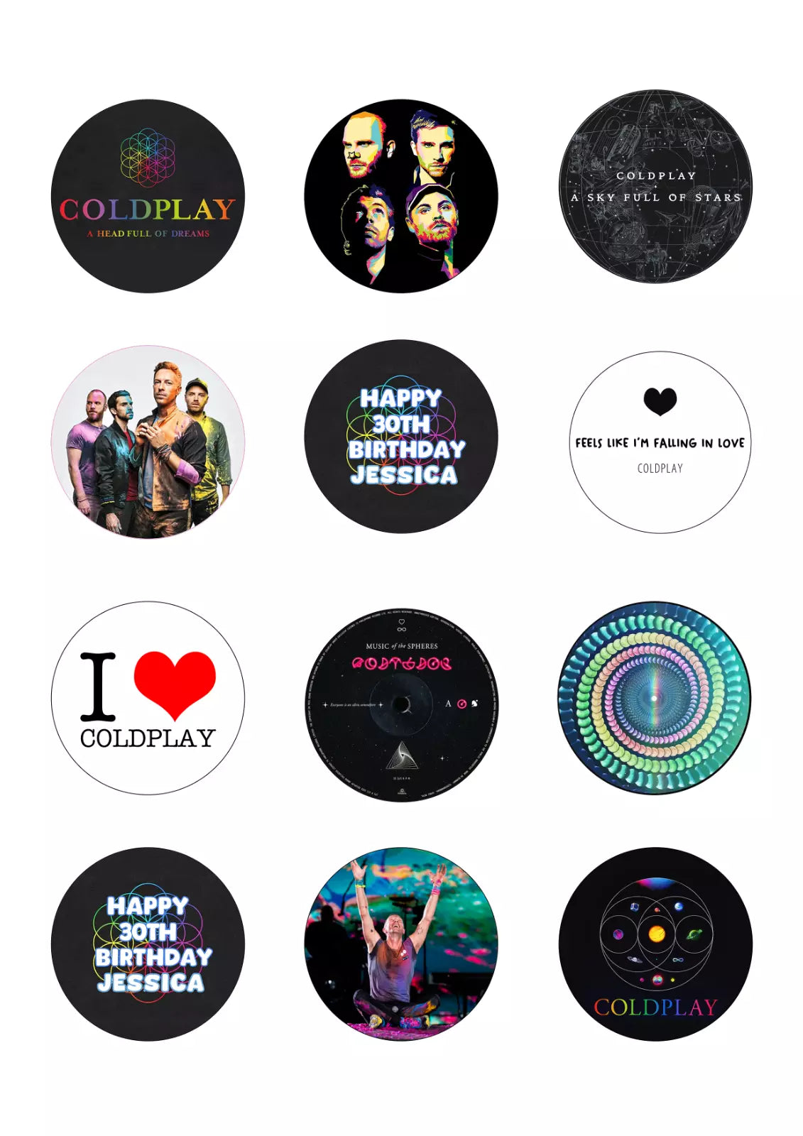 Personalised Coldplay Cupcake Edible Icing/Wafer Cake Toppers