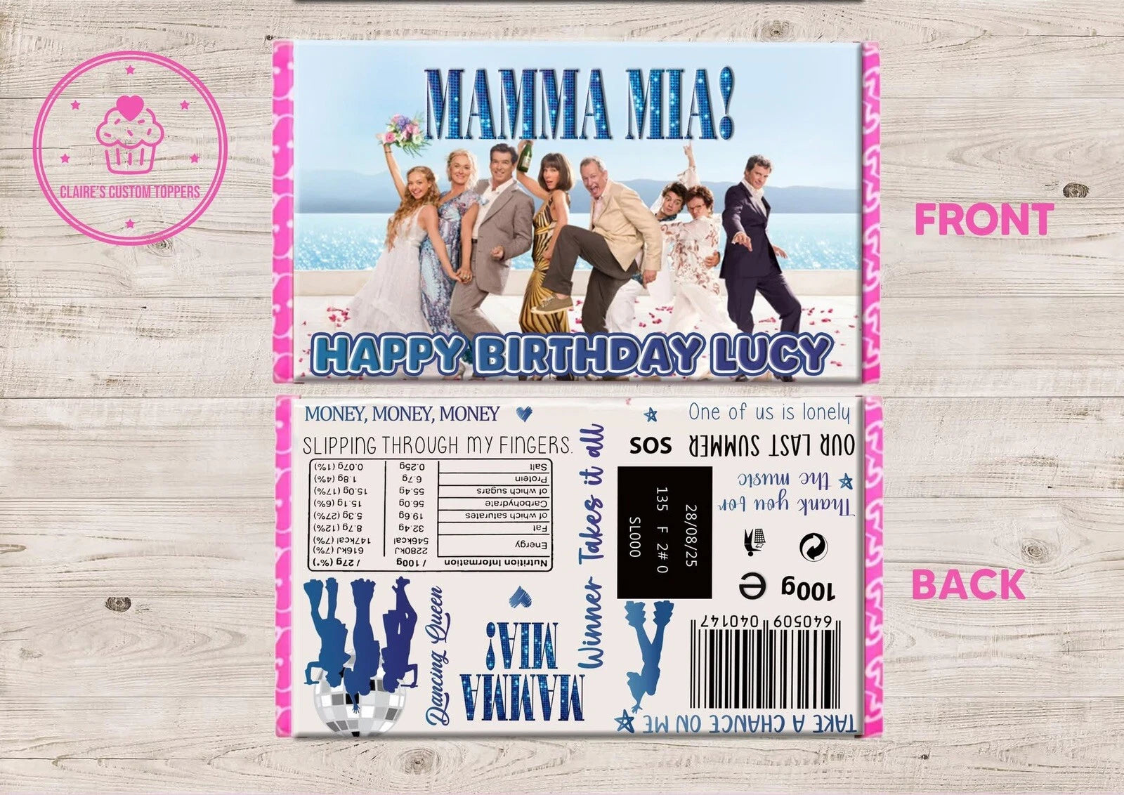 Personalised Mamma Mia Chocolate Bar Wrapper