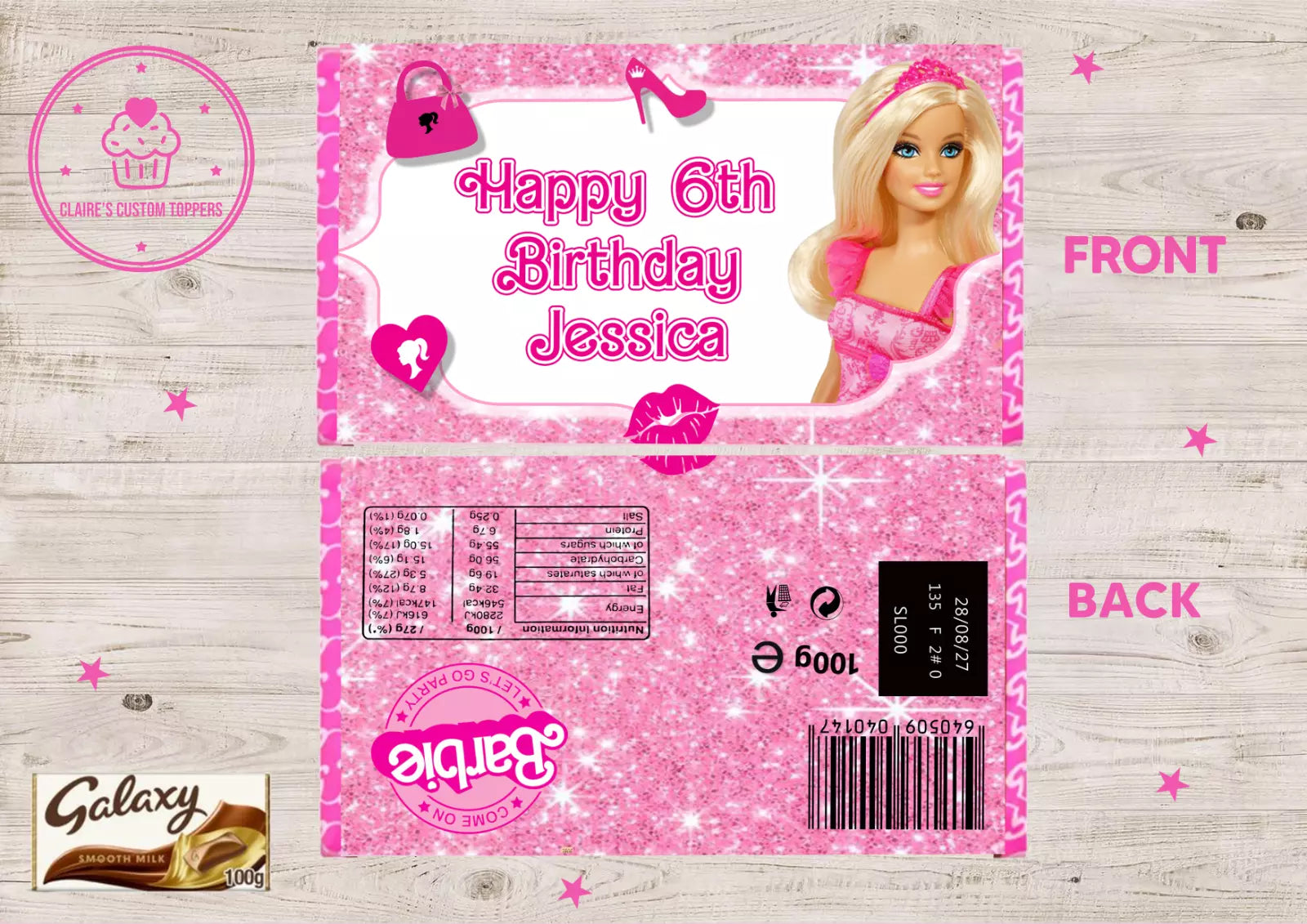 Personalised Barbie Chocolate Bar Wrapper