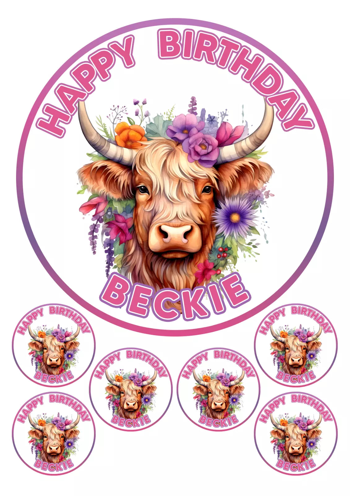 Personalised Highland Cow Edible Icing/Wafer Cake and Cupcake Toppers