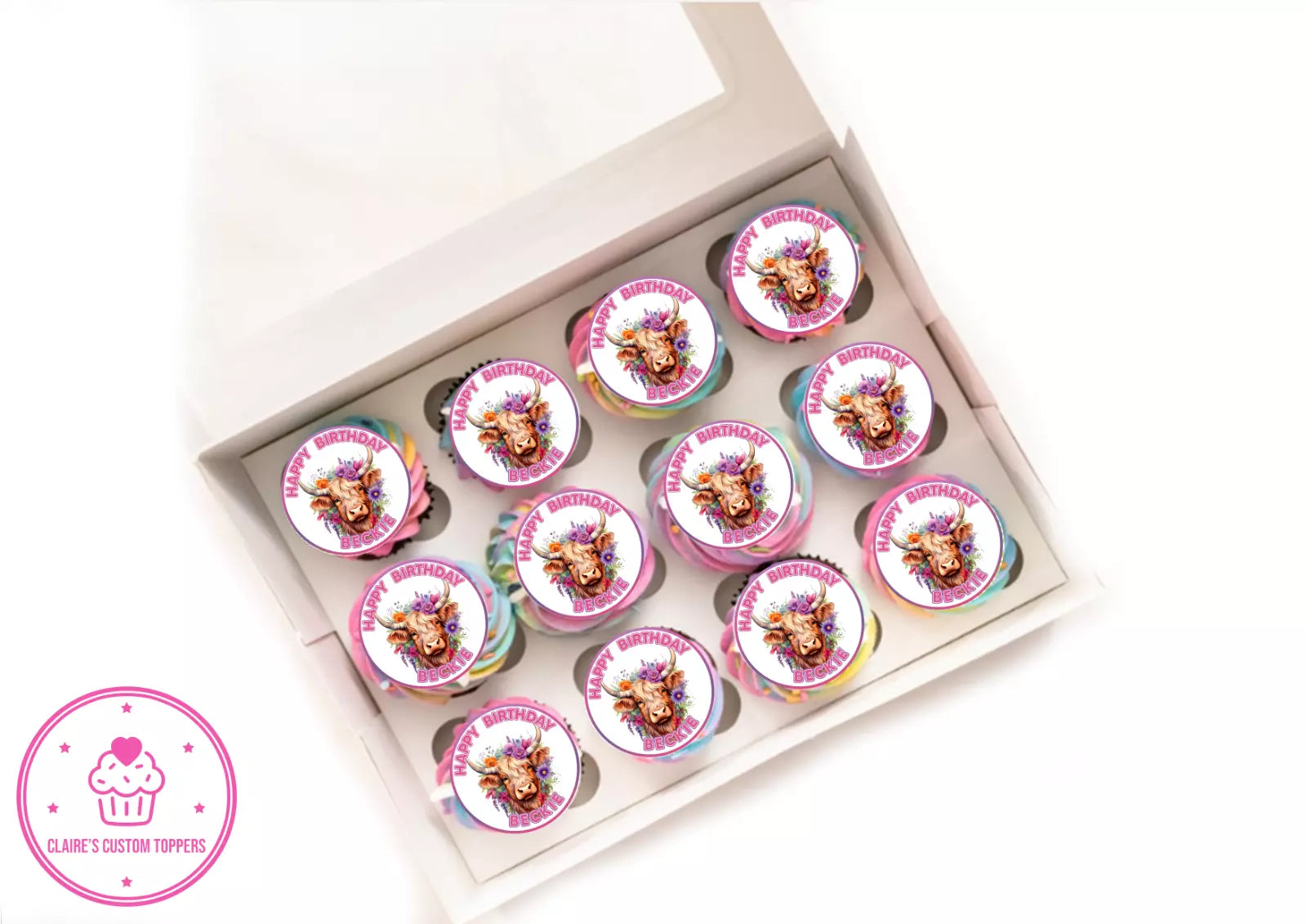 Personalised Highland Cow Edible Icing/Wafer Cake and Cupcake Toppers