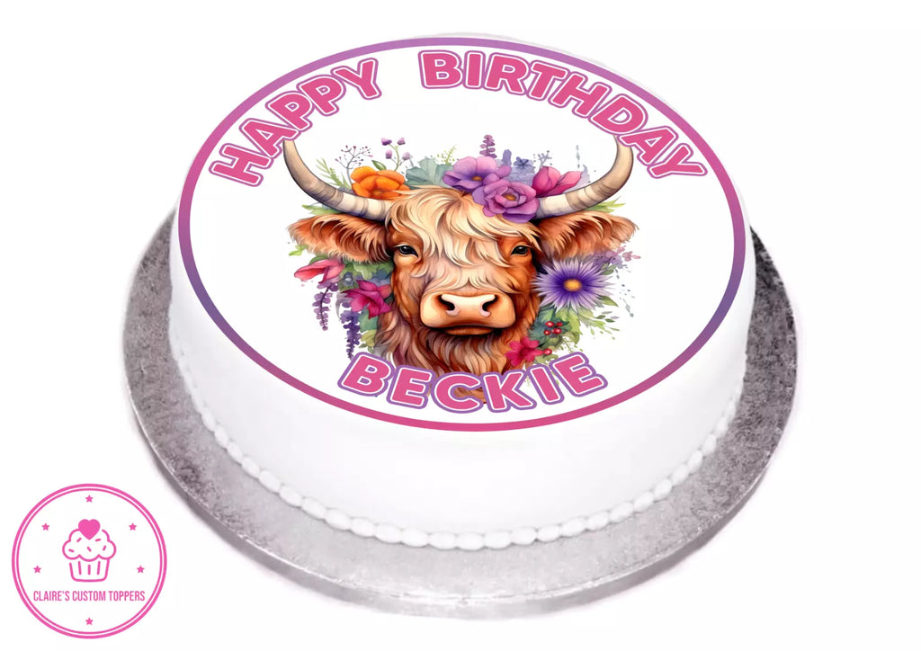 Personalised Highland Cow Edible Icing/Wafer Cake and Cupcake Toppers