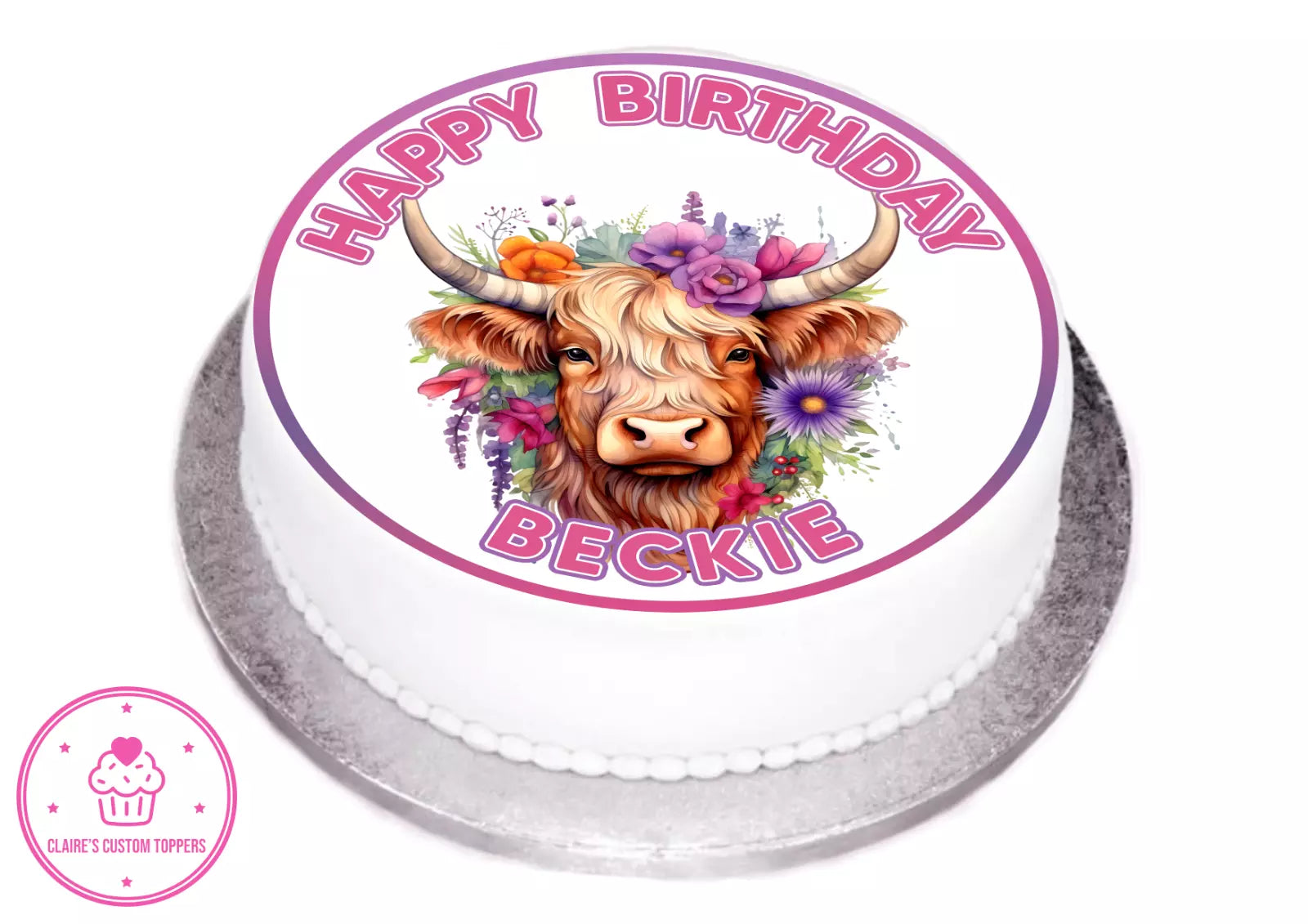 Personalised Highland Cow Edible Icing/Wafer Cake and Cupcake Toppers
