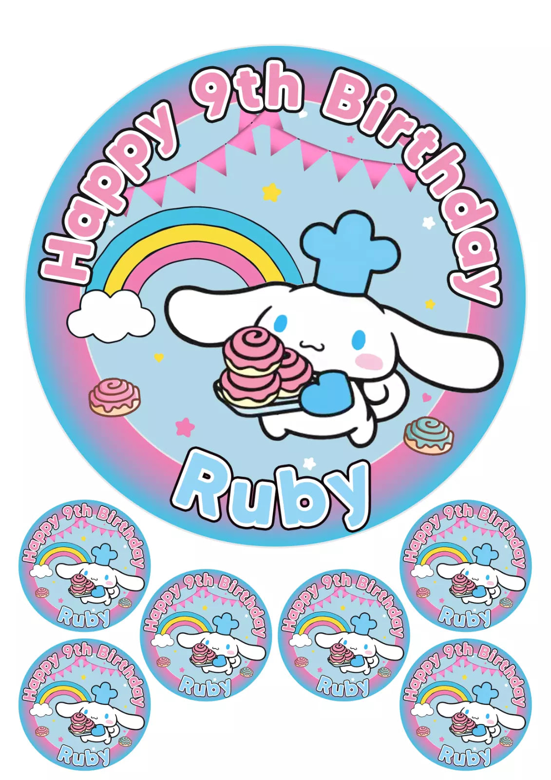 Personalised Cinnamoroll Edible Icing/Wafer Cake and Cupcake Toppers